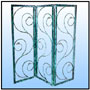 Curtain Screen: A basic western style in forged iron with clean ; Simple lines and mellow texture.  Sizes: H : 68"  W : 24"  WT : 64 lbs (Without Glass)    Frame in 1" x 1 1/2" non-circular heavy gauge Premium Tubing. Motif work in 3/8" sq. Solid bar blended with 1/2" bar. Twin face chrome steel moulded motifs.