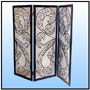 Curtain Screen:   A thematic design created on request to go with the architect's portfolio. This is an example of a large number of intricately patterned screen panels. It is a blend of oriental flurry of flowing lines and western stark modern look. The entire motif work has been hand wrought and strictly composed of only one basic element.           Sizes: H : 68"  W : 26"  WT : 77 lbs (Without Glass)     Frame in 1" x 1 1/2" non-circular heavy gauge Premium Tubing.   Entire Motif work Hand Crafted  in 1/4" Round Polished Stock.       