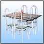 A valuable functional dinning set with precision profiled western style chairs and glass topped table also in lightweight tubing. A set from the "Sogo" range.   Chair     Sizes: B.H : 44"  S.H : 18"   S. Size : 19" dia  WT : 18 lbs       Main frame in 11/4" premium circular Tubing.   Tubing profiled & fine welded to a monolithic structure.   Inner frame : 3/8" Round Solid Stock.      Table     Sizes: H : 36.5"  Top Size : 40" x 30" WT : 20 lbs (Without Glass)   All Tubular; blend of non-circular 11/2" x 11/2" & Round of Tubing.     Top Bar in 11/2" x 2" non-circular Tubing.    