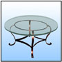 Utility table    Heavy section; hot forged carbon steel; oriental style table in flat metal. The finished unit to be completed with a beveled round glass top. Another piece from the "Rollo" range.   Sizes: H : 30" Dia : 36"  WT : 75 lbs (Without Glass Top).   Entire Construction in 11/2" x 3/8" Extra Heavy flat; bent & fine welded.    Top Ring in matching flat 11/2" x 3/8" in Vertical form.    