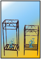 Utility Pedestals      Simple; utility up-rights (pedestals) for assorted domestic service areas. Wrought work chemically treated for long satisfactory service.    Sizes: H : 30"  Top size  W : 12" x 12"  WT : 14 lbs   Fabricated in 1/2" non-circular Tubing.    1/4" Sq. Solid Stock Scrolls.    Low Racks in non-circular Tubing 1" x 1/2".  